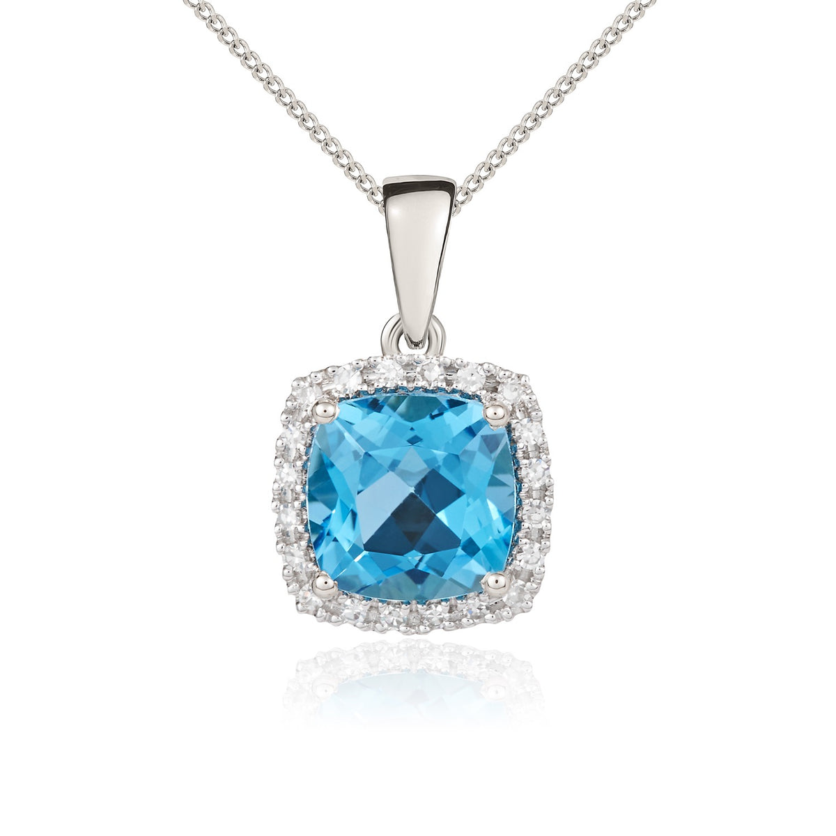 9CT WG 8MM CUSHION SWISS BLUE TOPAZ AND ROUND DIAMOND CLAW SET CLUSTER PENDANT