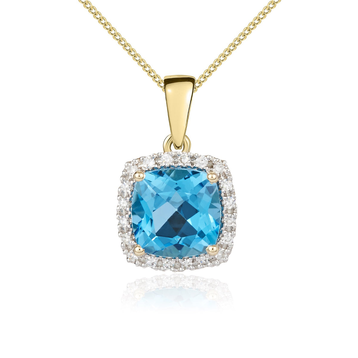 9CT YG 8MM CUSHION SWISS BLUE TOPAZ AND ROUND DIAMOND CLAW SET CLUSTER PENDANT WITH PLAIN LOOP TOP