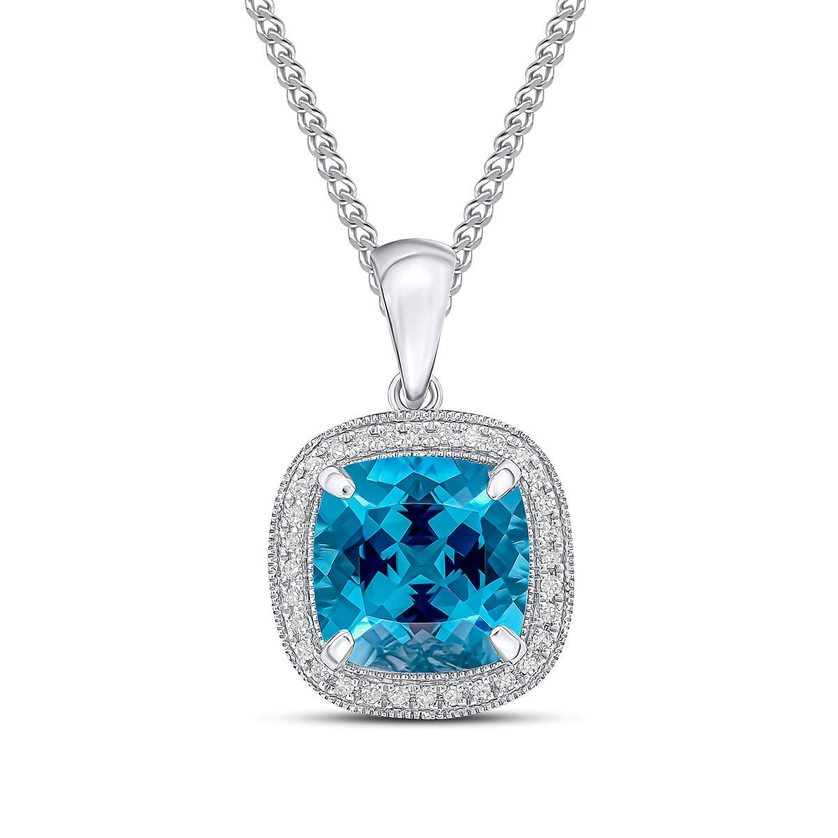 9CT WG 9MM CUSHION SWISS BLUE TOPAZ & DIAMOND CLUSTER PENDANT. MILLEGRAIN EDGE