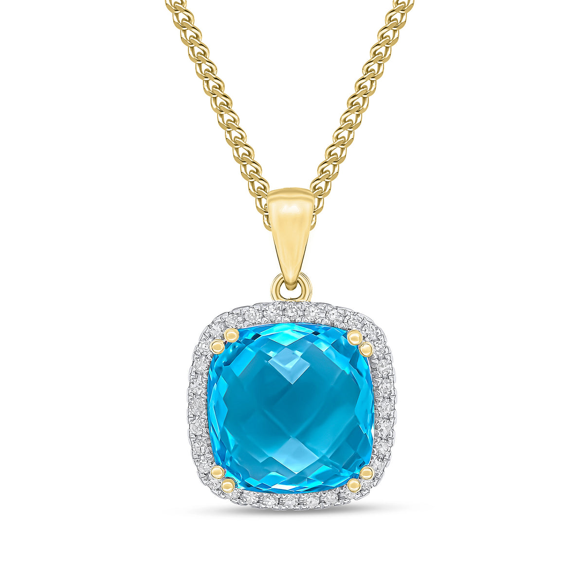 9CT YG 10MM CHECKEBOARD CUT CUSHION SWISS BLUE TOPAZ & DIAMOND CLAW SET CLUSTER PENDANT. RHODIUM TO DIAMONDS