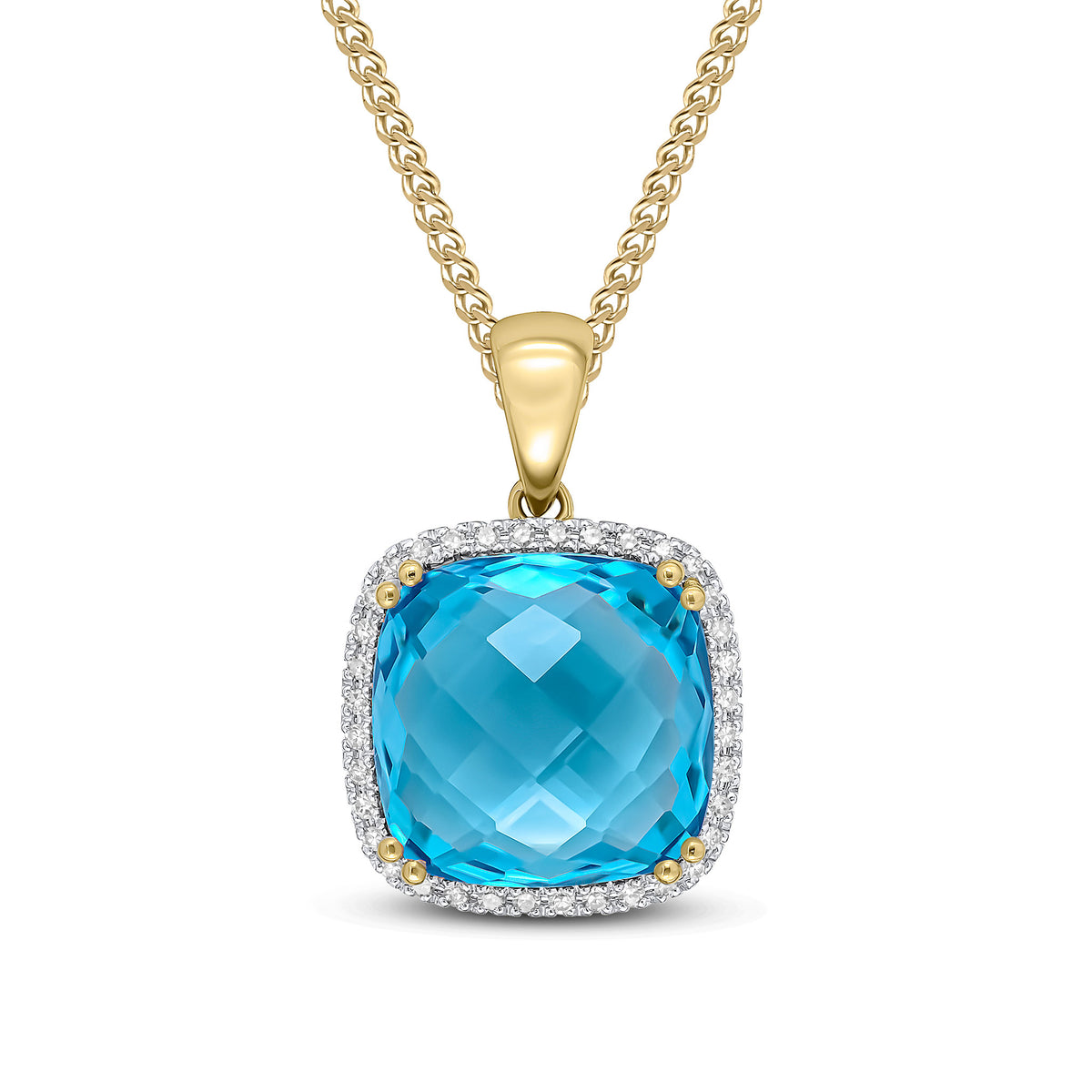 9CT YG 12MM CHECKERBOARD CUT CUSHION SWISS BLUE TOPAZ & DIAMOND CLUSTER PENDANT. RHODIUM TO DIAMONDS