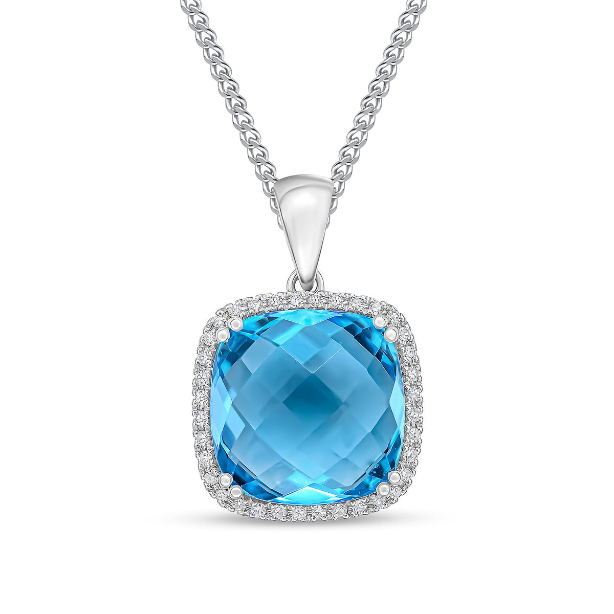 9CT WG 12MM CHECKERBOARD CUT CUSHION SWISS BLUE TOPAZ & DIAMOND CLUSTER PENDANT