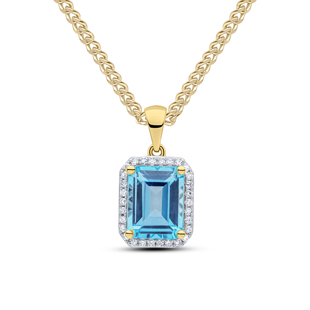 9CT YG 9X7 OCTAGON SWISS BLUE TOPAZ & DIAMOND CLUSTER PENDANT