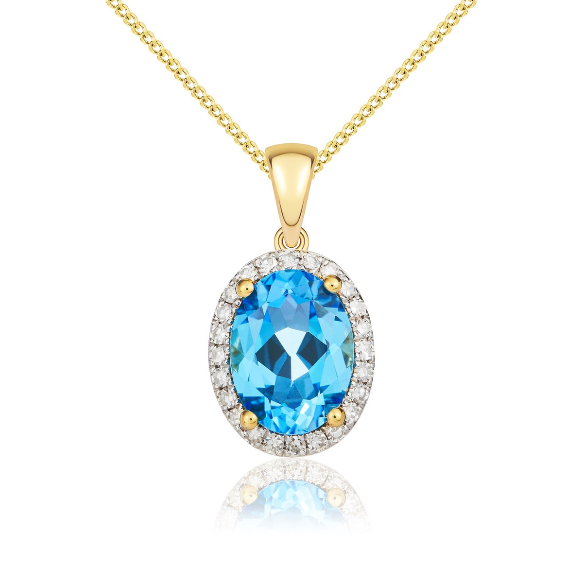 9CT YG 8X6 OVAL SWISS TOPAZ & DIAMOND CLAW SET CLUSTER PENDANT.RHODIUM TO DIAMONDS