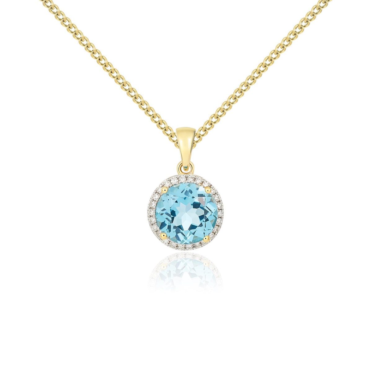 9CT YG 8MM ROUND SWISS BLUE TOPAZ AND DIAMOND CLAW CLUSTER PENDANT