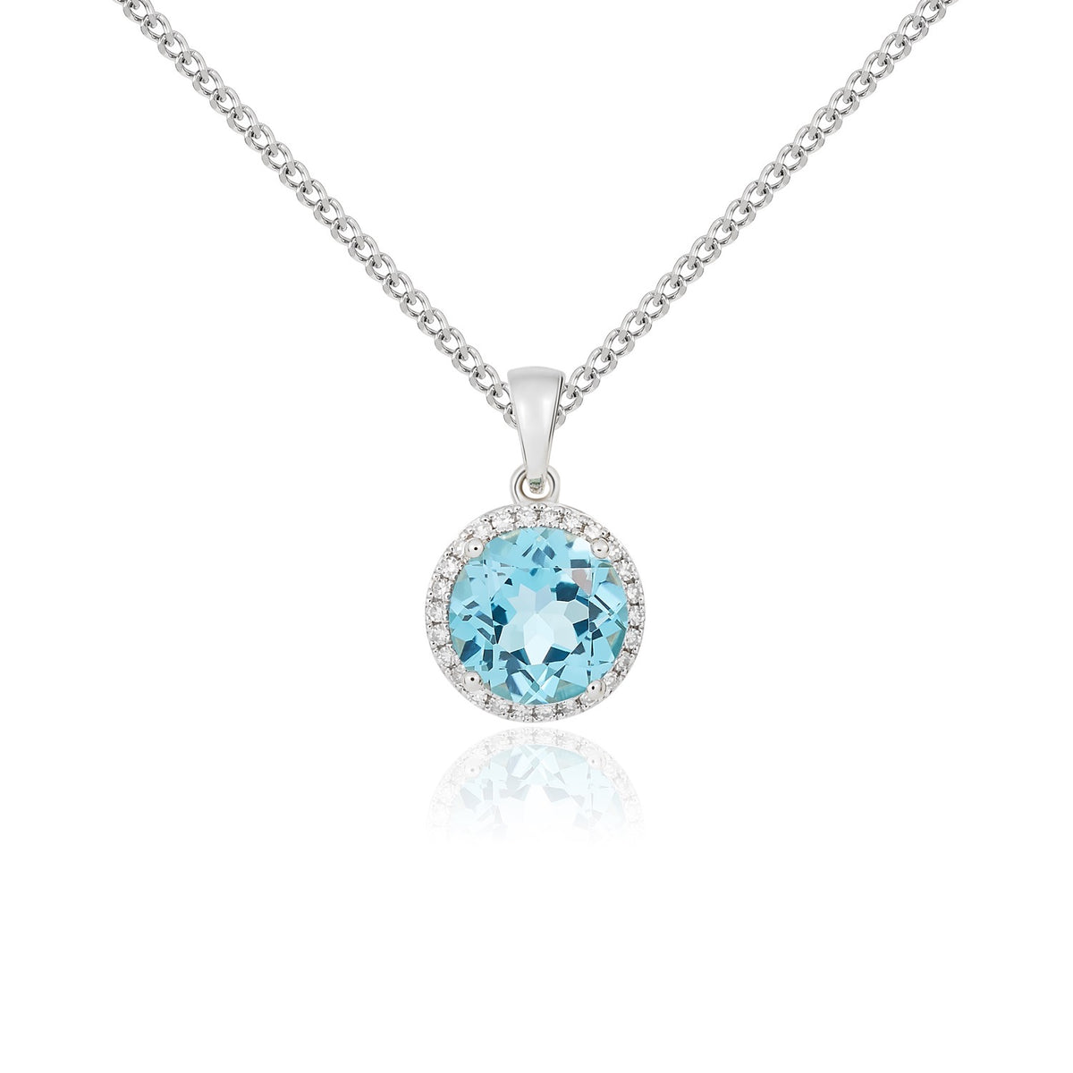 9CT WG 8MM ROUND SWISS BLUE TOPAZ AND DIAMOND CLAW CLUSTER PENDANT