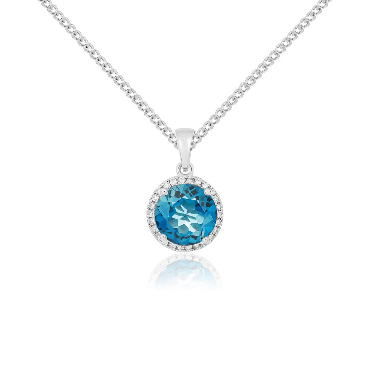 9CT WG 8MM ROUND LONDON BLUE TOPAZ AND DIAMOND CLAW CLUSTER PENDANT