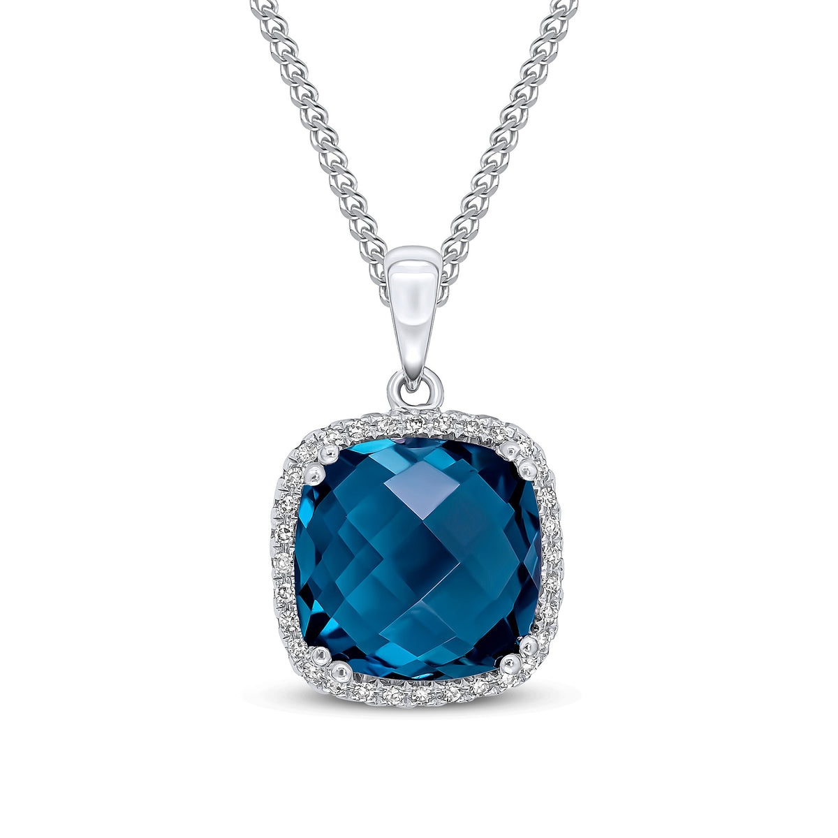 9CT WG 10MM CHECKEBOARD CUT CUSHION LONDON BLUE TOPAZ & DIAMOND CLAW SET CLUSTER PENDANT
