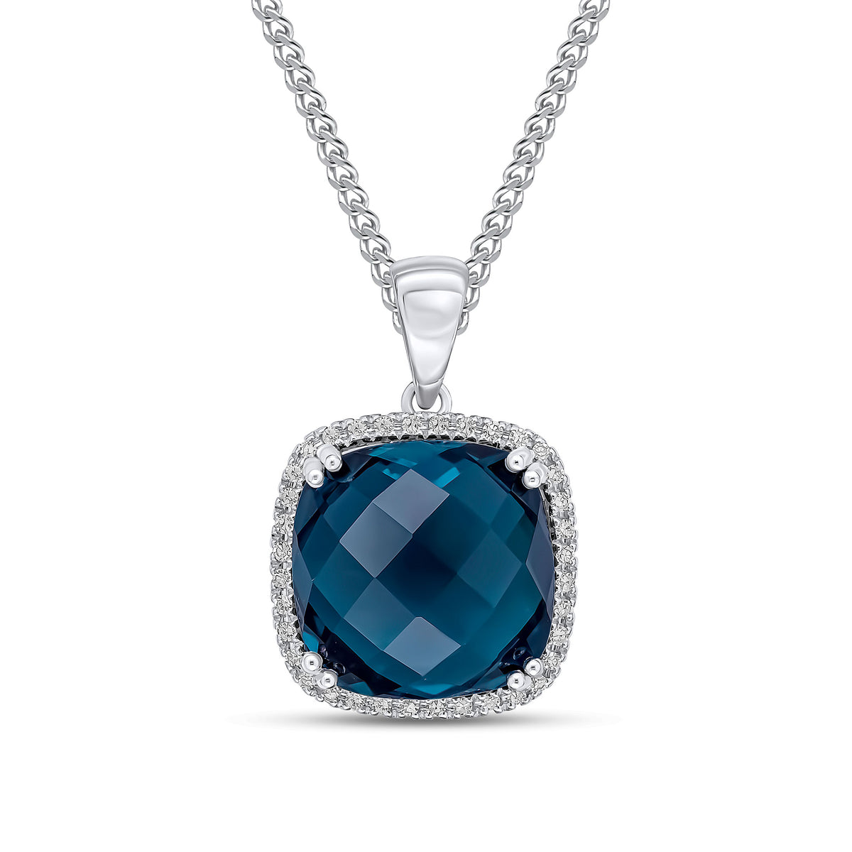 9CT WG 12MM CHECKERBOARD CUT CUSHION LONDON BLUE TOPAZ & DIAMOND CLUSTER PENDANT
