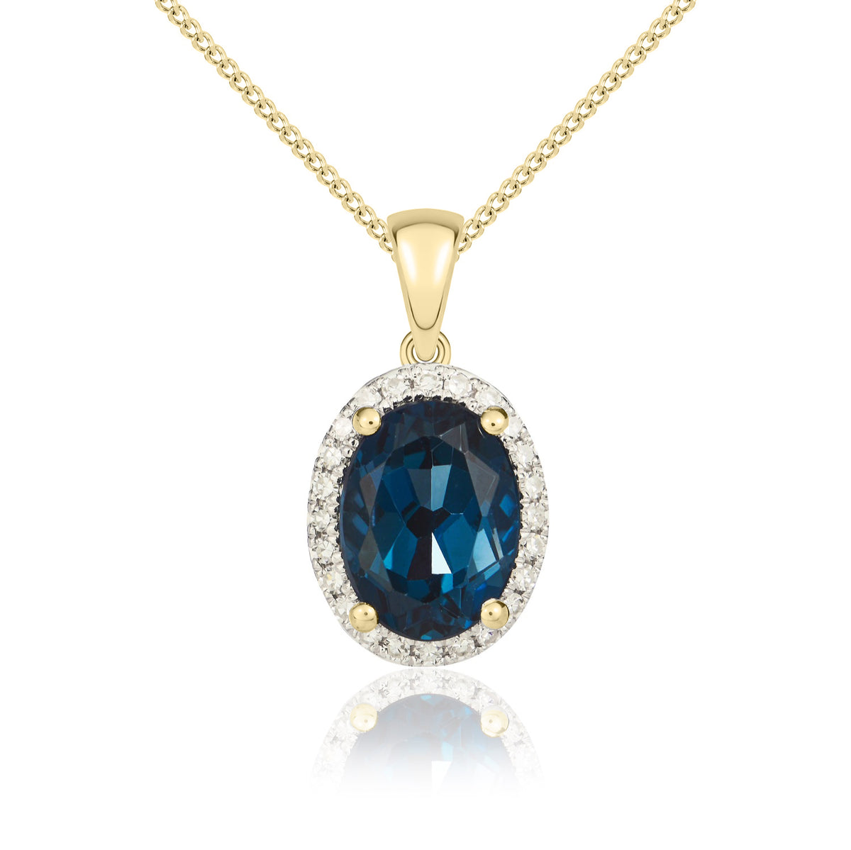 9CT YG 8X6 OVAL LONDON BLUE TOPAZ & DIAMOND CLAW SET CLUSTER PENDANT.RHODIUM TO DIAMONDS