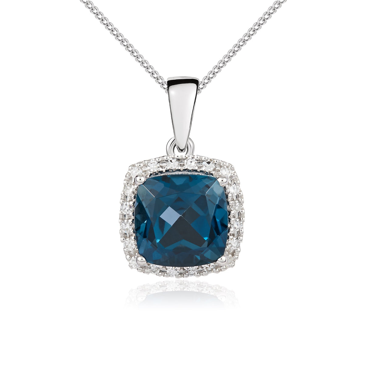 9CT WG 8MM CUSHION LONDON BLUE TOPAZ AND ROUND DIAMOND CLAW SET CLUSTER PENDANT