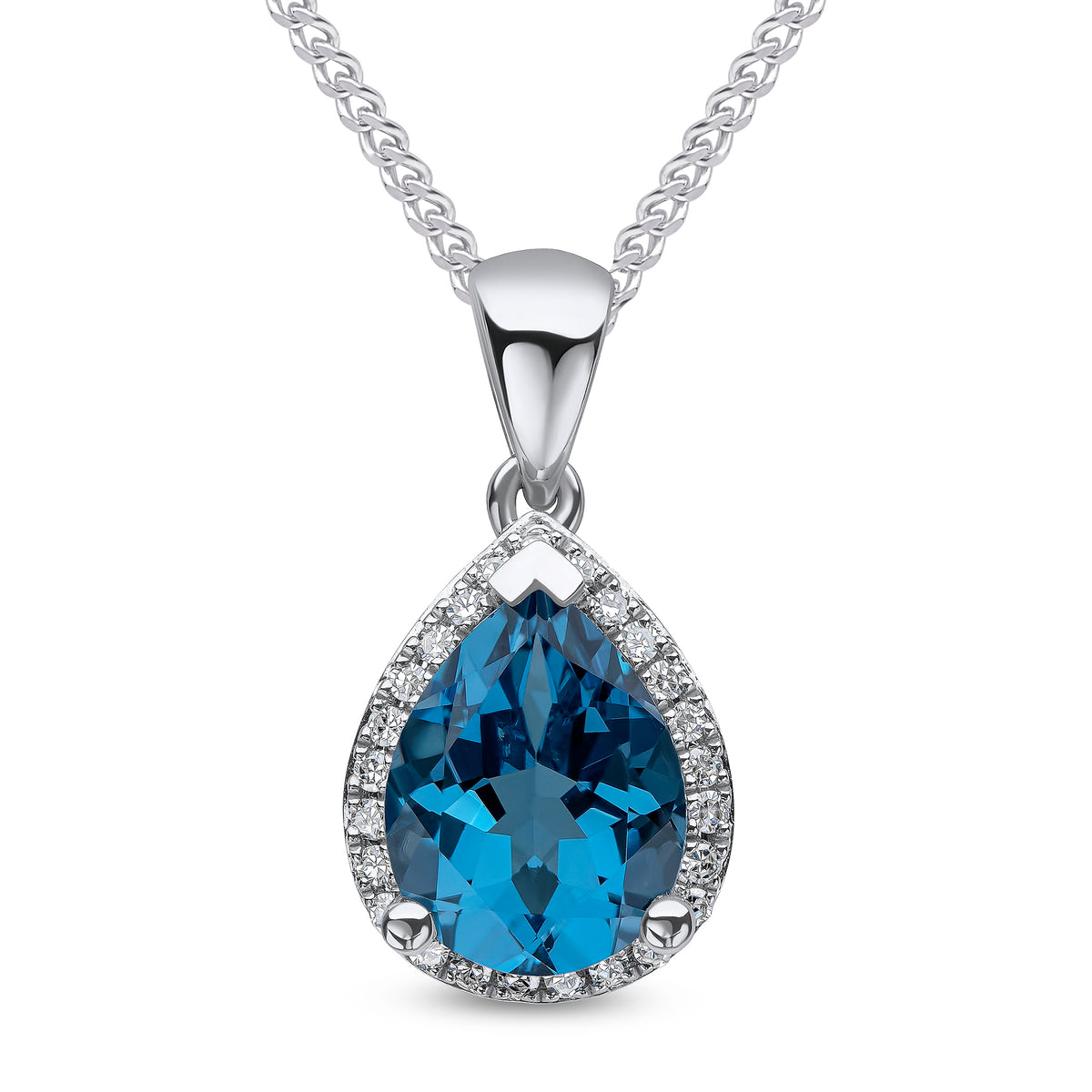 9CT WG 9X7 PEARSHAPE LONDON BLUE TOPAZ AND DIAMOND CLAW CLUSTER PENDANT