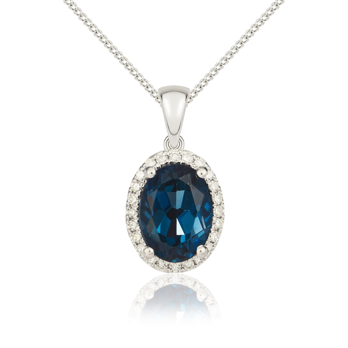 9CT WG 8X6 OVAL LONDON TOPAZ & DIAMOND CLAW SET CLUSTER PENDANT