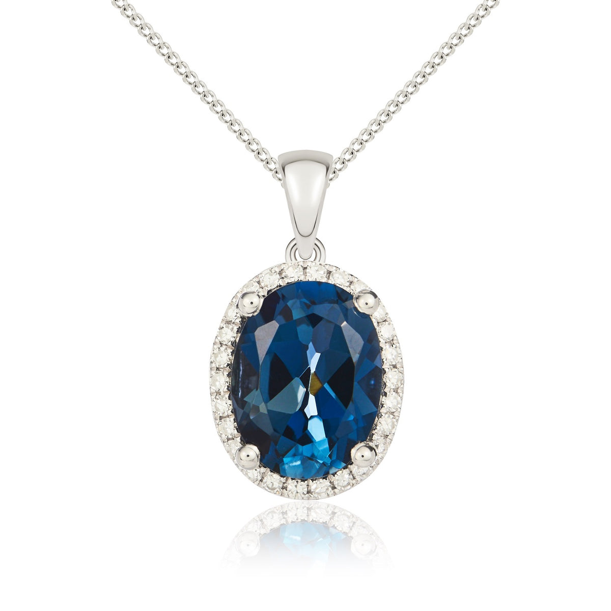 9CT WG 9X7 LONDON BLUE TOPAZ & DIAMOND CLAW SET CLUSTER PENDANT