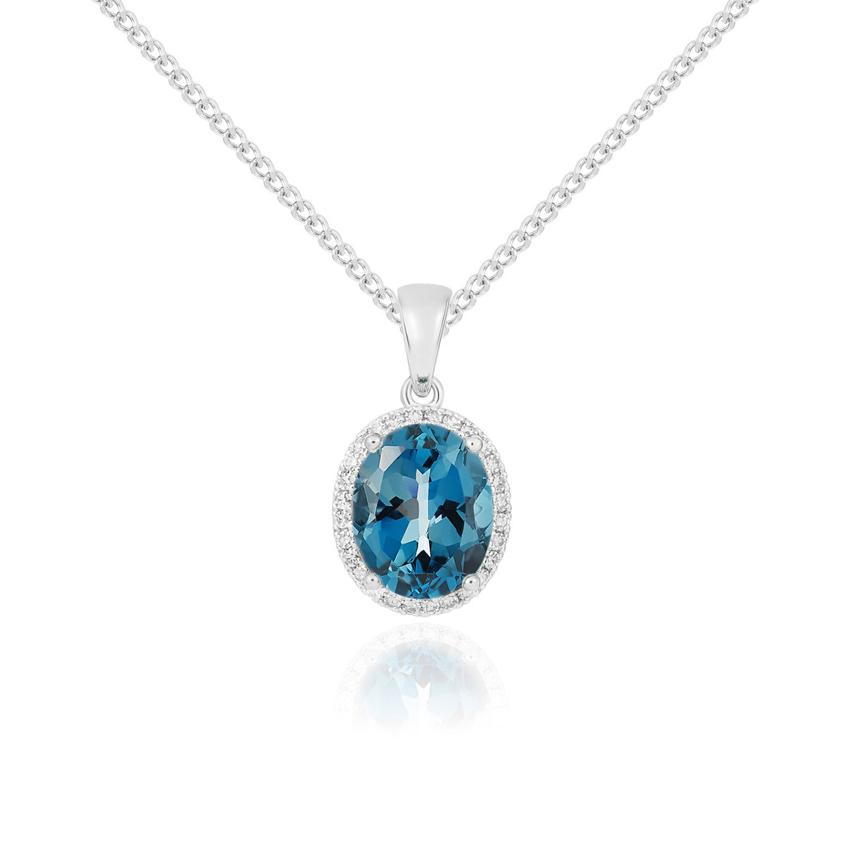 9CT WG 10X8 OVAL LONDON BLUE TOPAZ & DIAMOND CLUSTER PENDANT