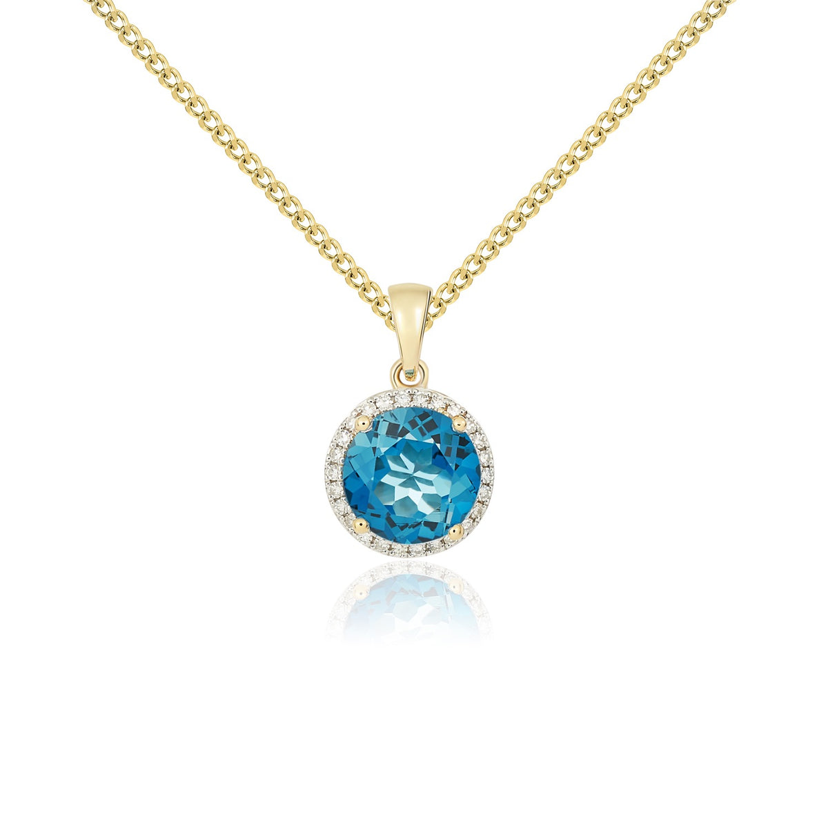 9CT YG 8MM ROUND LONDON BLUE TOPAZ AND DIAMOND CLAW CLUSTER PENDANT