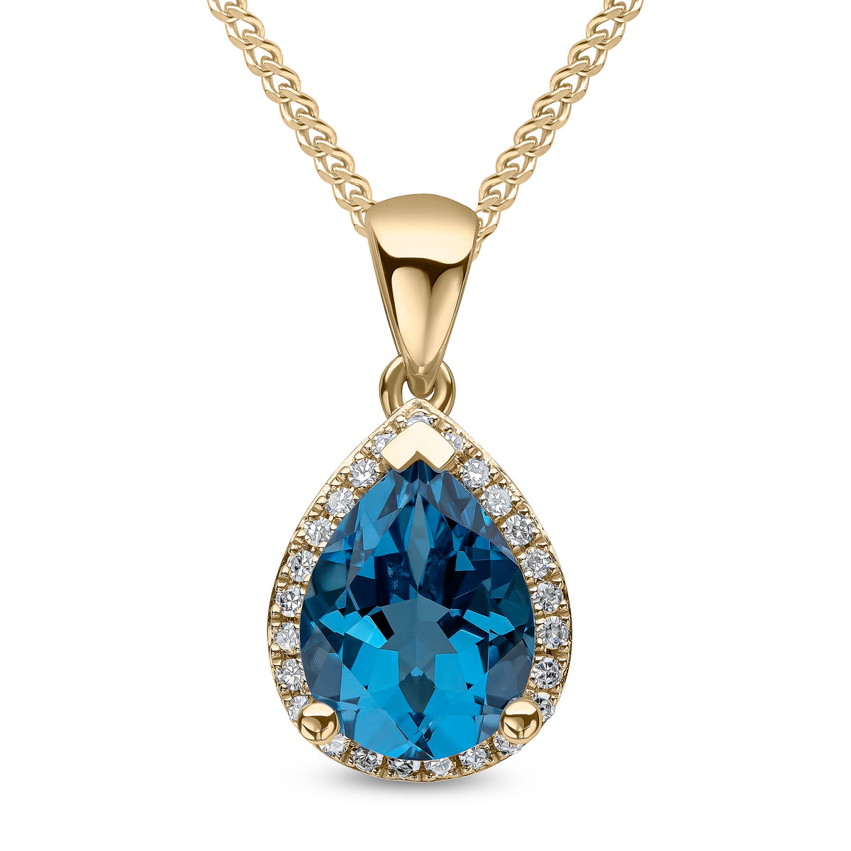 9CT YG 9X7 PEARSHAPE LONDON BLUE TOPAZ AND DIAMOND CLAW CLUSTER PENDANT