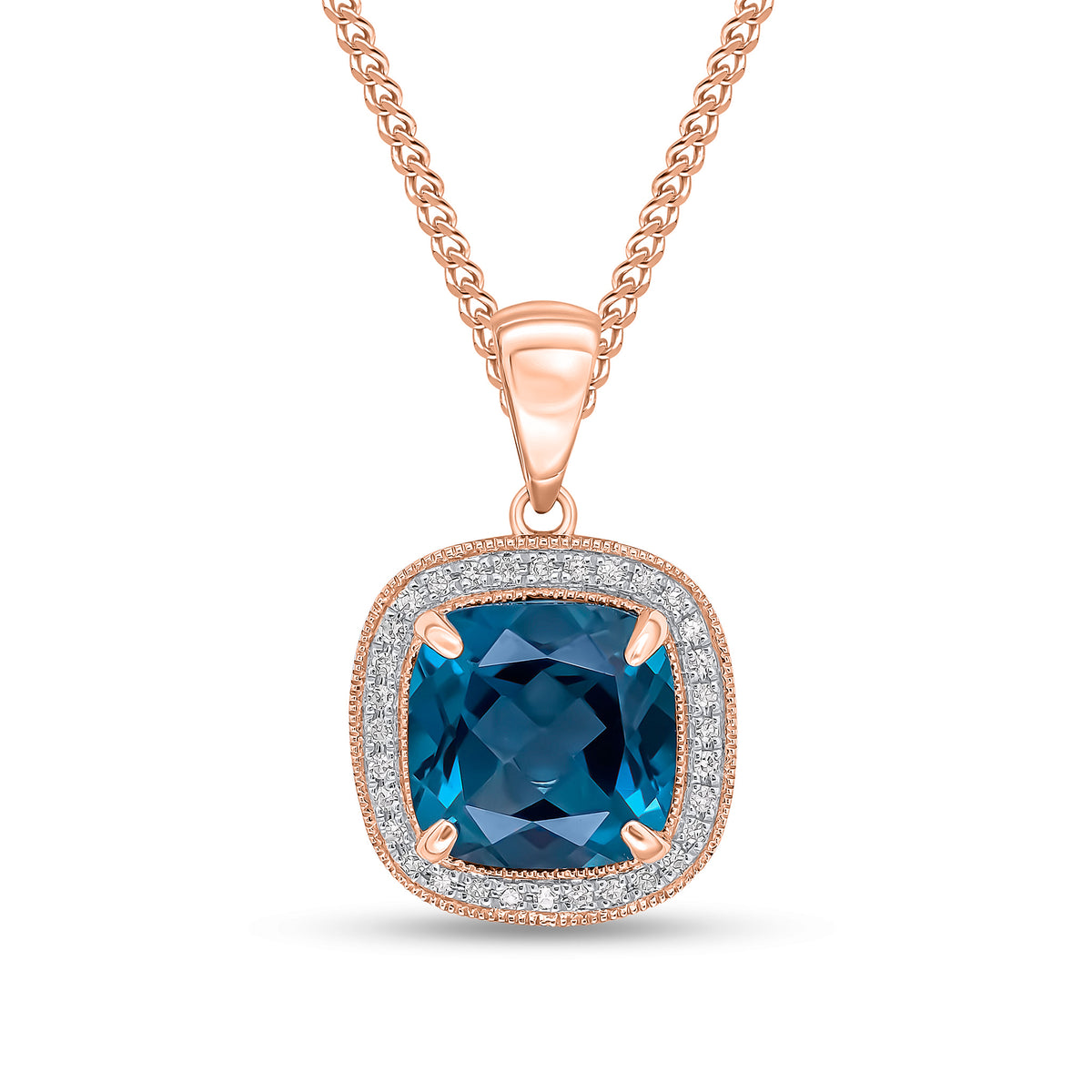 9CT RG 9MM CUSHION LONDON BLUE TOPAZ & DIAMOND CLUSTER PENDANT. MILLEGRAIN EDGE