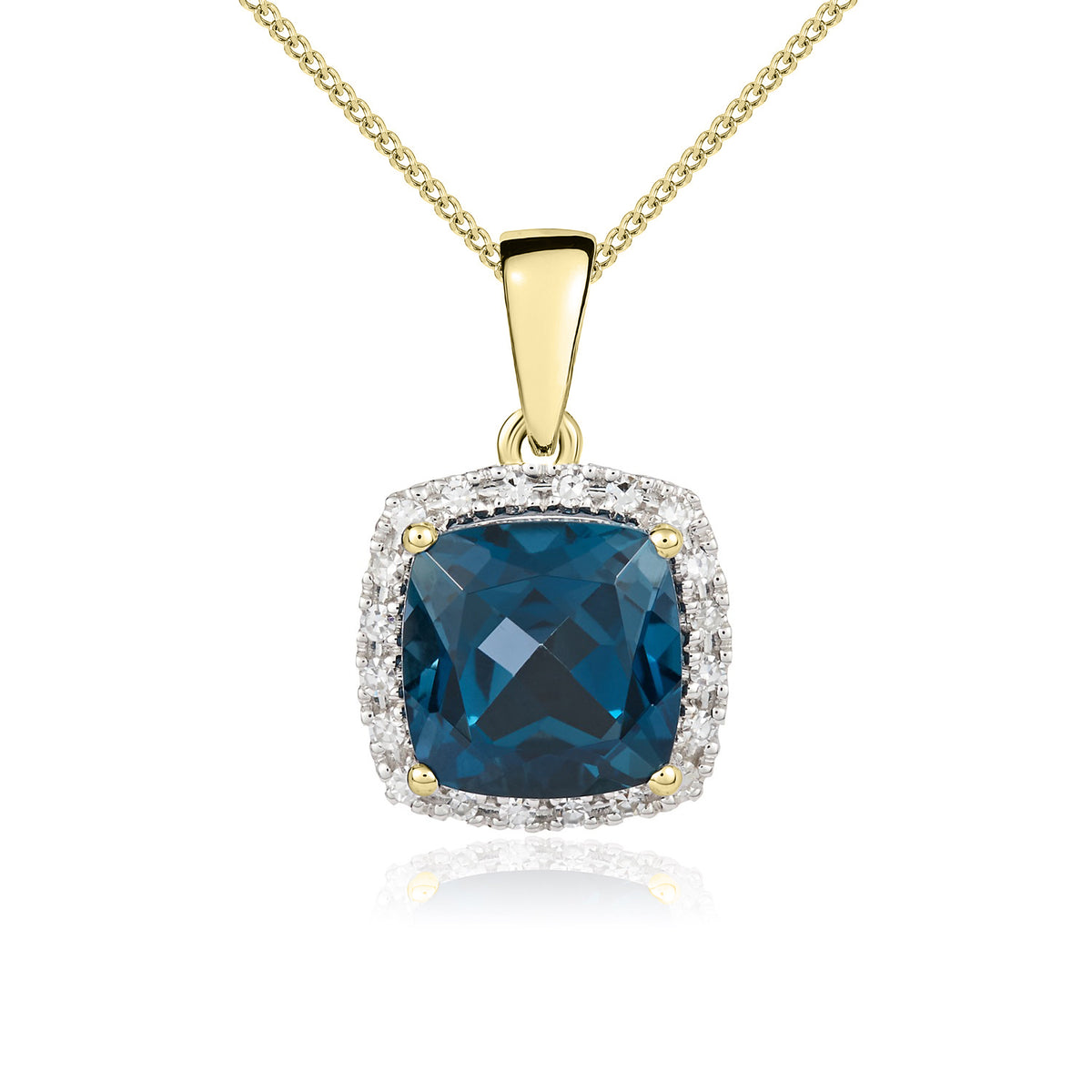 9CT YG 8MM CUSHION LONDON BLUE TOPAZ AND ROUND DIAMOND CLAW SET CLUSTER PENDANT. RHODIUM TO DIAMONDS