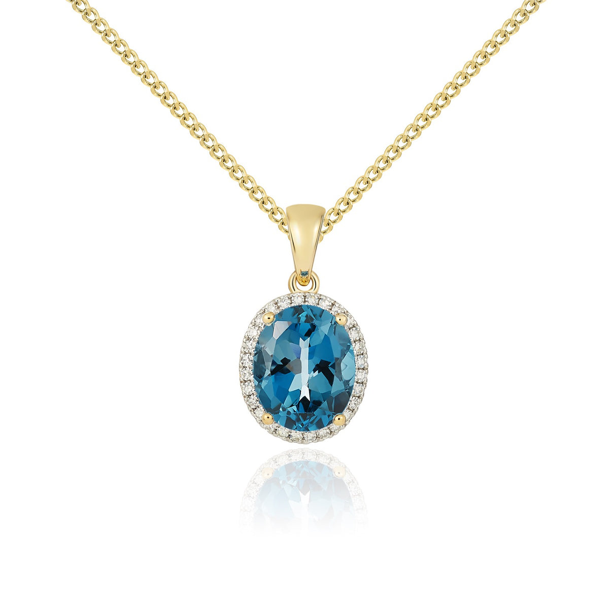 9CT YG 10X8 OVAL LONDON BLUE TOPAZ & DIAMOND CLUSTER PENDANT