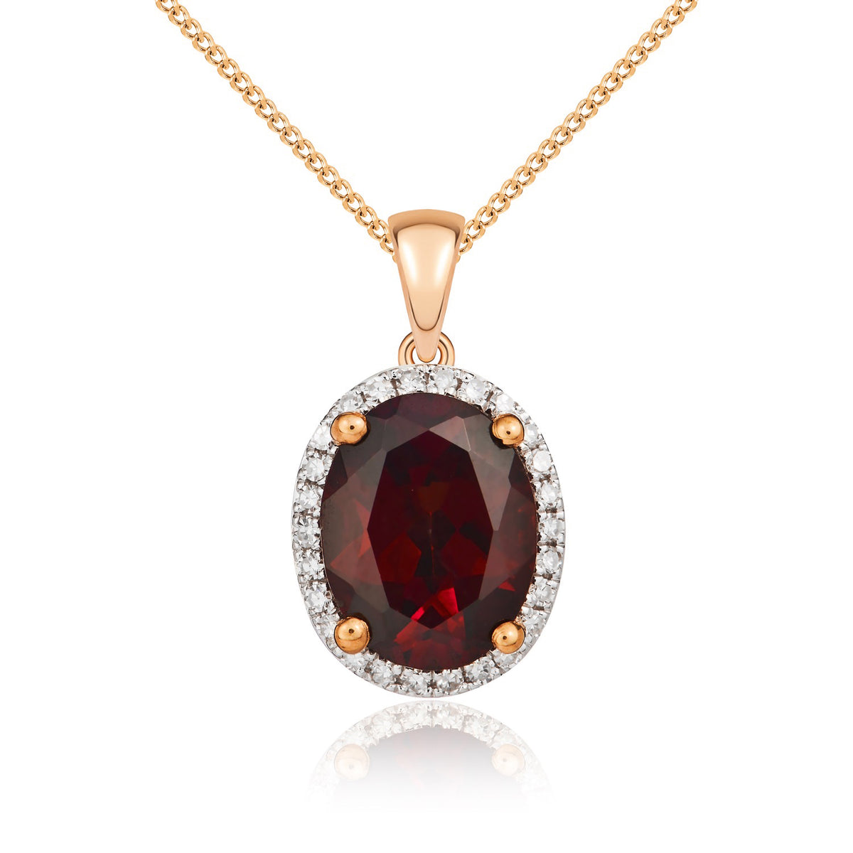 9CT RG 9X7 OVAL GARNET & DIAMOND CLAW SET CLUSTER PENDANT. RHODIUM TO DIAMONDS