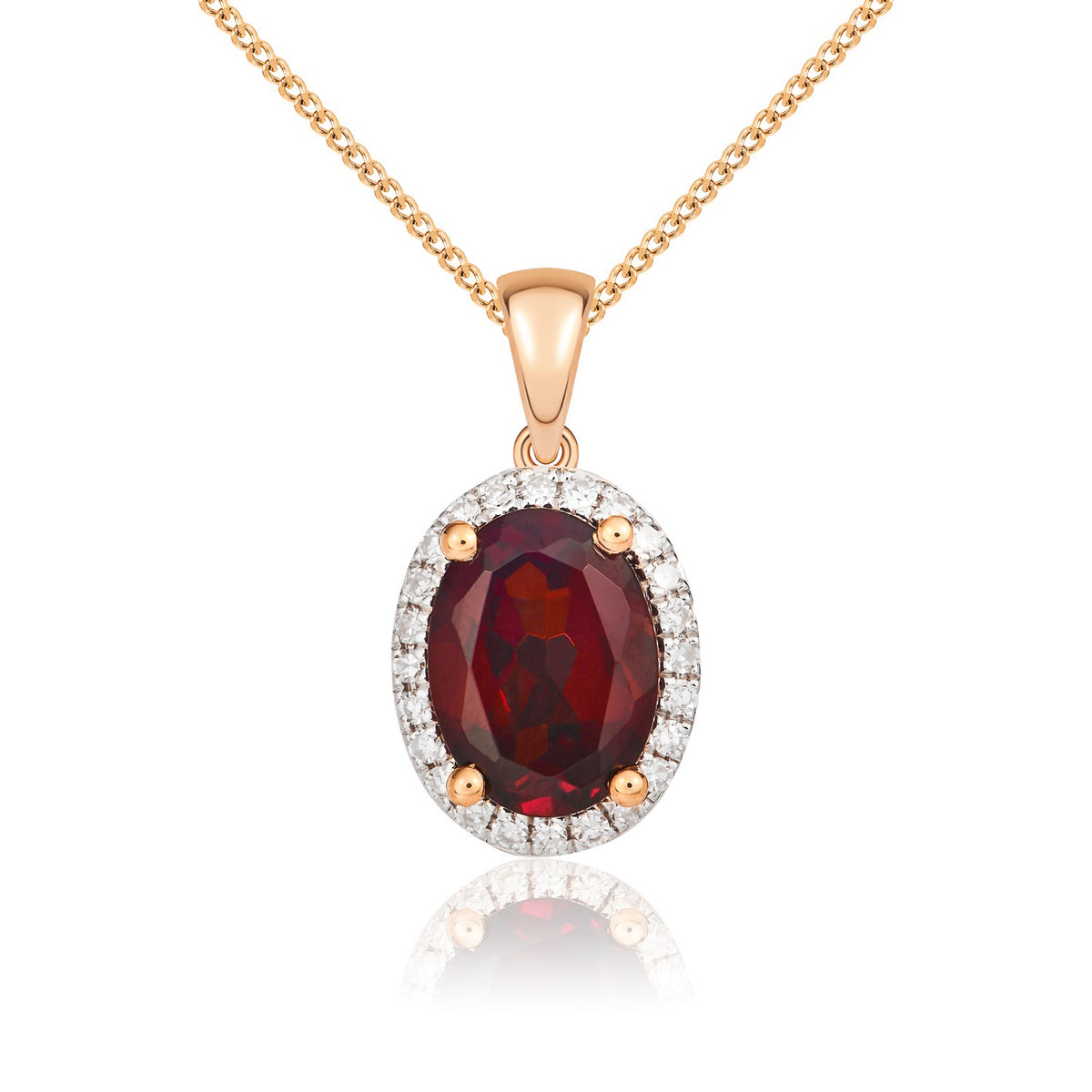 9CT RG 8X6 OVAL GARNET & DIAMOND CLAW SET CLUSTER PENDANT. RHODIUM TO DIAMONDS