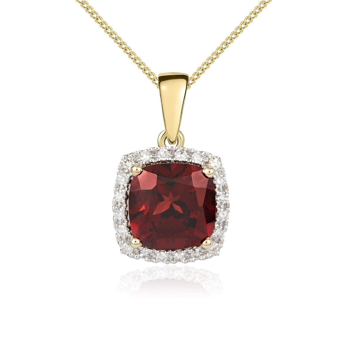 9CT YG 8MM CUSHION GARNET AND ROUND DIAMOND CLAW CLUSTER PENDANT. RHODIUM TO DIAMONDS