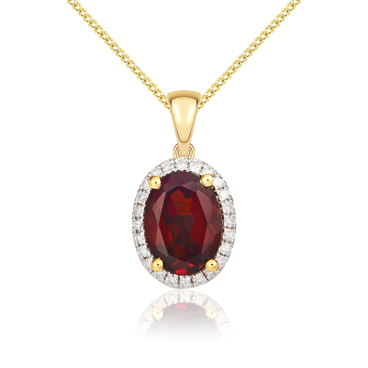 9CT YG 8X6 OVAL GARNET & DIAMOND CLAW SET CLUSTER PENDANT. RHODIUM TO DIAMONDS
