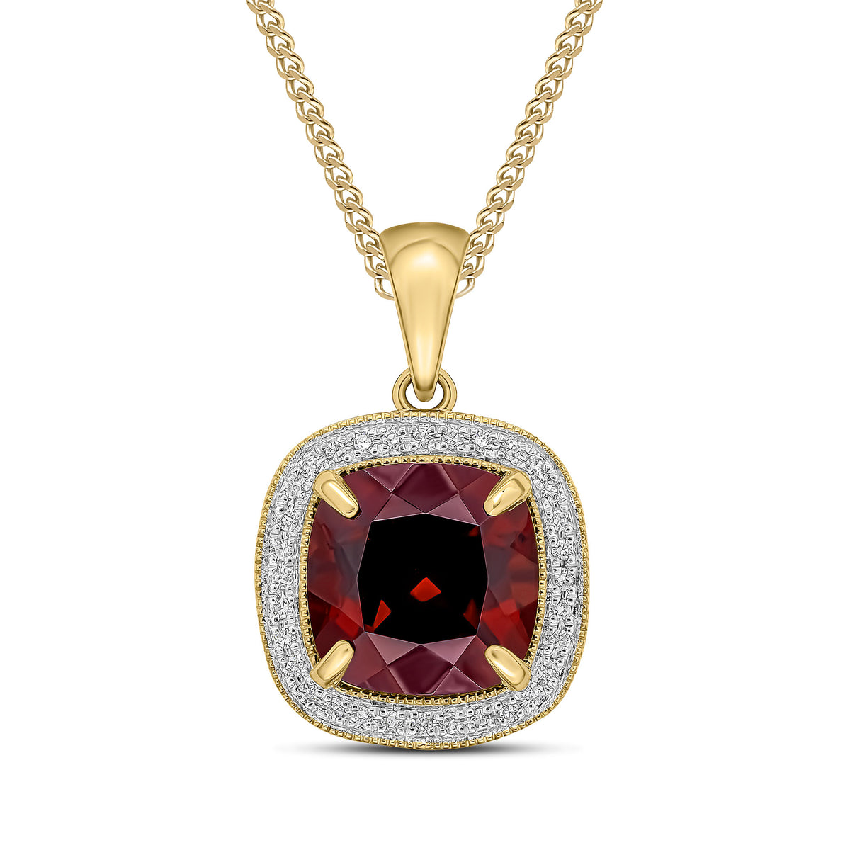 9CT YG 9MM CUSHION GARNET & DIAMOND CLUSTER PENDANT. MILLEGRAIN EDGE
