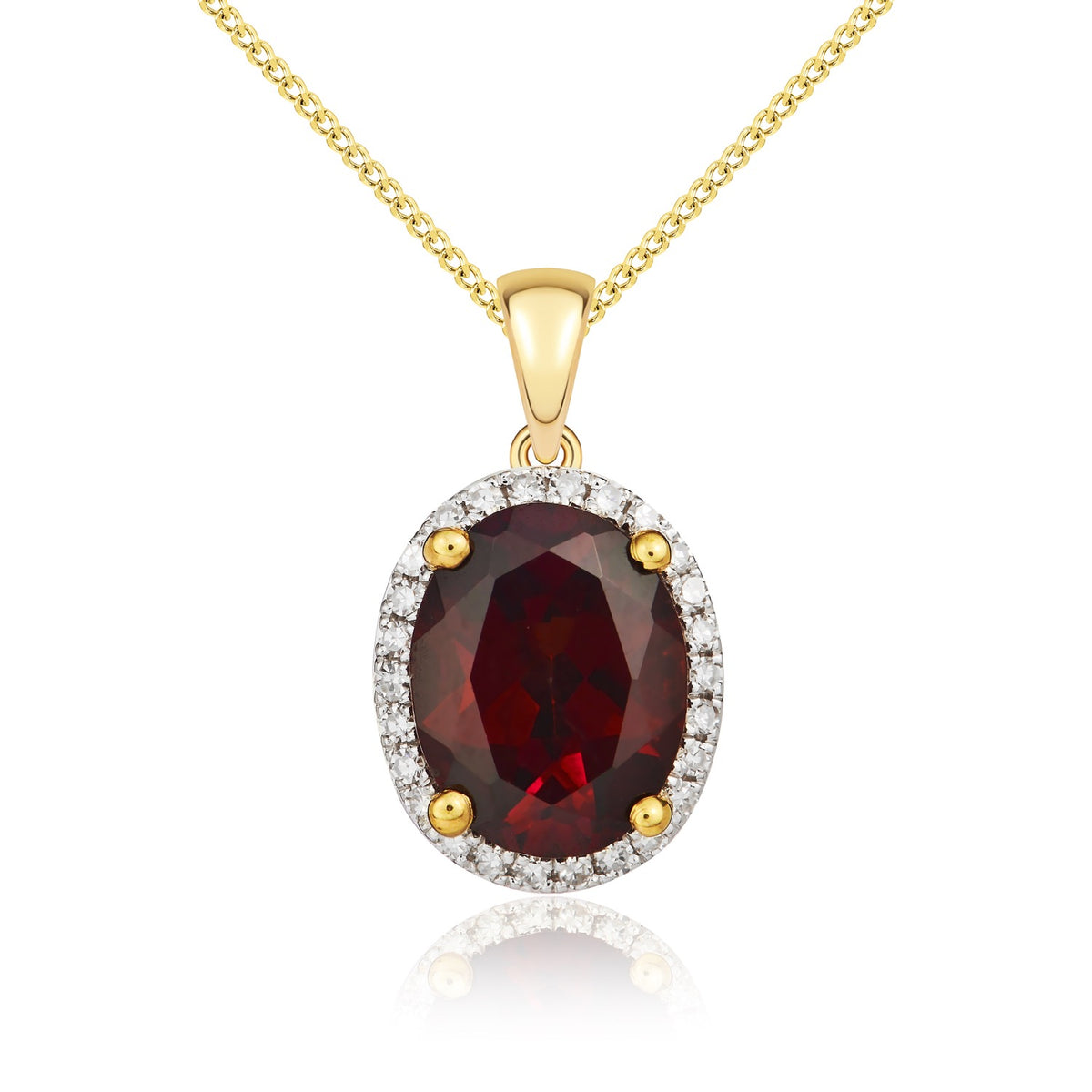 9CT YG 9X7 OVAL GARNET & DIAMOND CLAW SET CLUSTER PENDANT. RHODIUM TO DIAMONDS