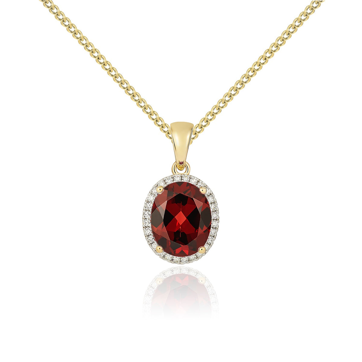 9CT YG 10X8 OVAL GARNET & DIAMOND CLAW CLUSTER PENDANT. RHODIUM TO DIAMONDS