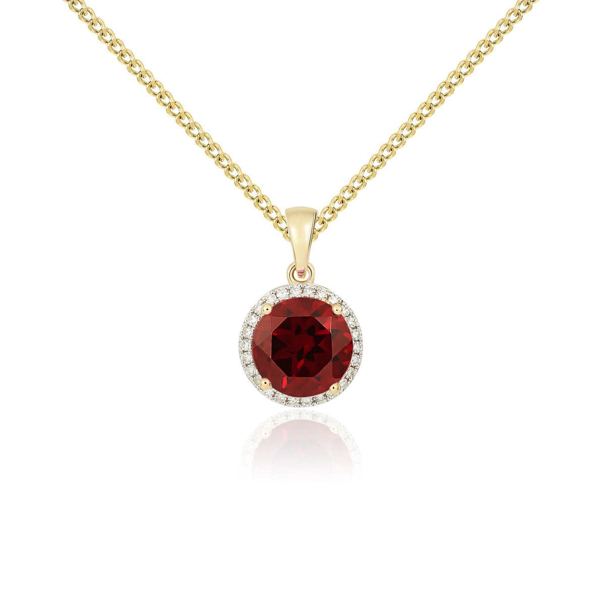 9CT YG 8MM ROUND GARNET AND DIAMOND CLAW CLUSTER PENDANT