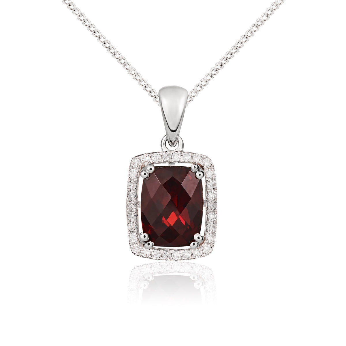 9WG CUSHION GARNET & DIAMOND CLUSTER PENDANT