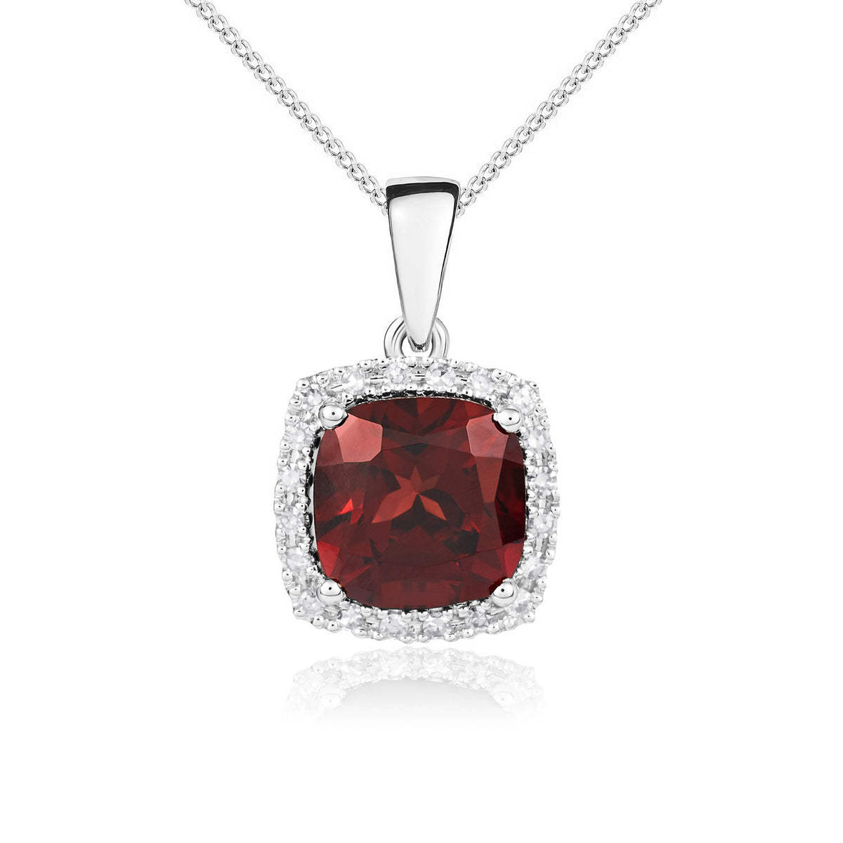 9CT WG 8MM CUSHION GARNET AND ROUND DIAMOND CLAW CLUSTER PENDANT