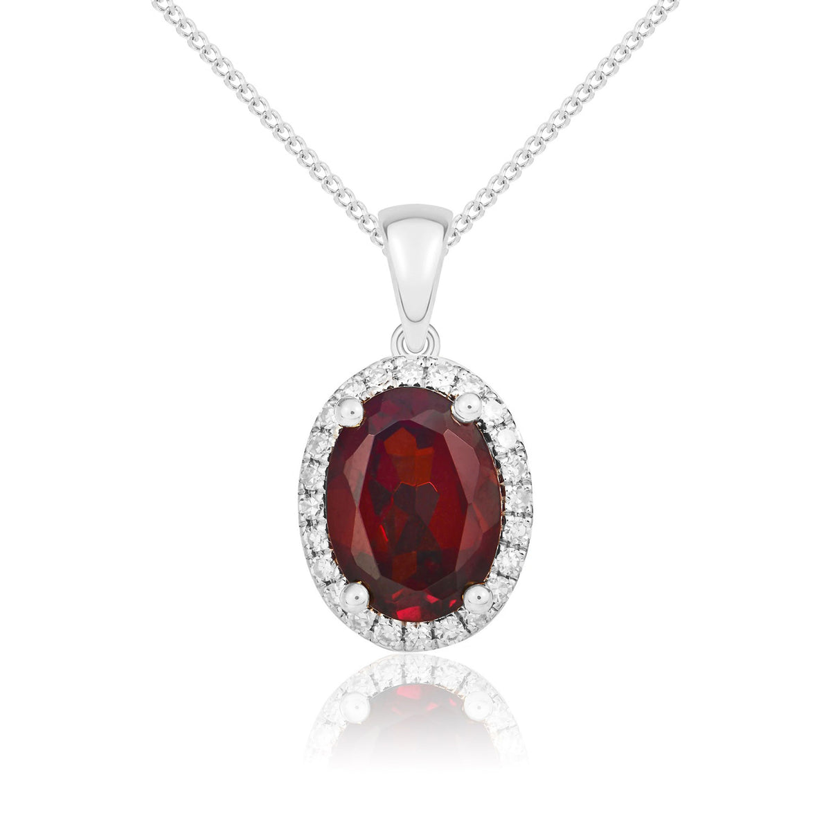 9CT WG 8X6 OVAL GARNET & DIAMOND CLAW SET CLUSTER PENDANT