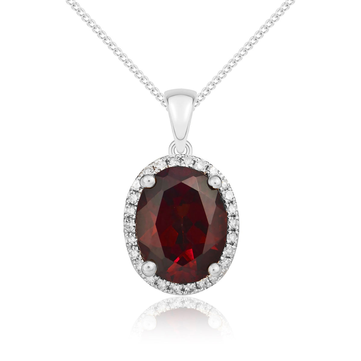 9CT WG 9X7 OVAL GARNET & DIAMOND CLAW SET CLUSTER PENDANT