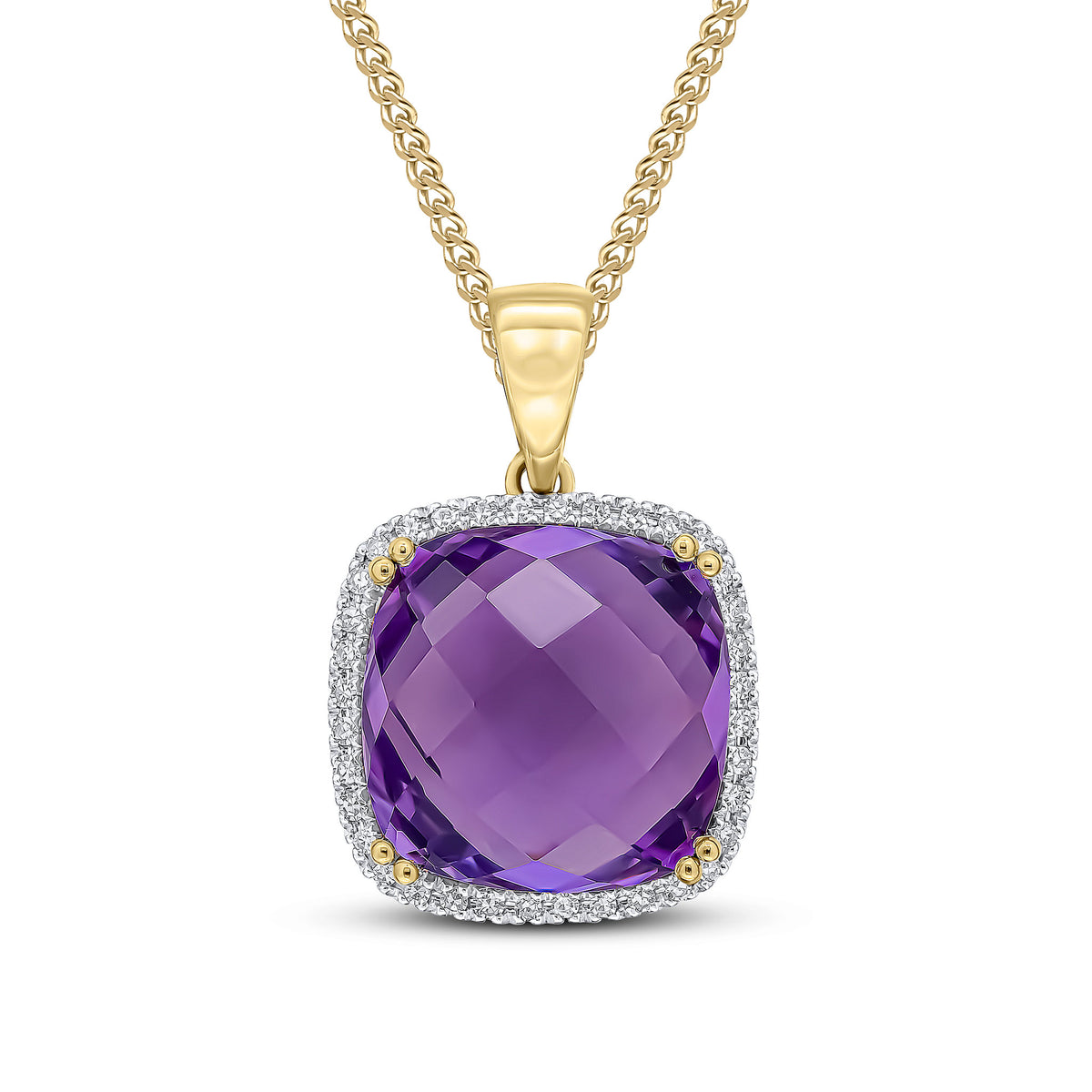 9CT YG 12MM CHECKERBOARD CUT CUSHION AMETHYST & DIAMOND CLUSTER PENDANT. RHODIUM TO DIAMONDS