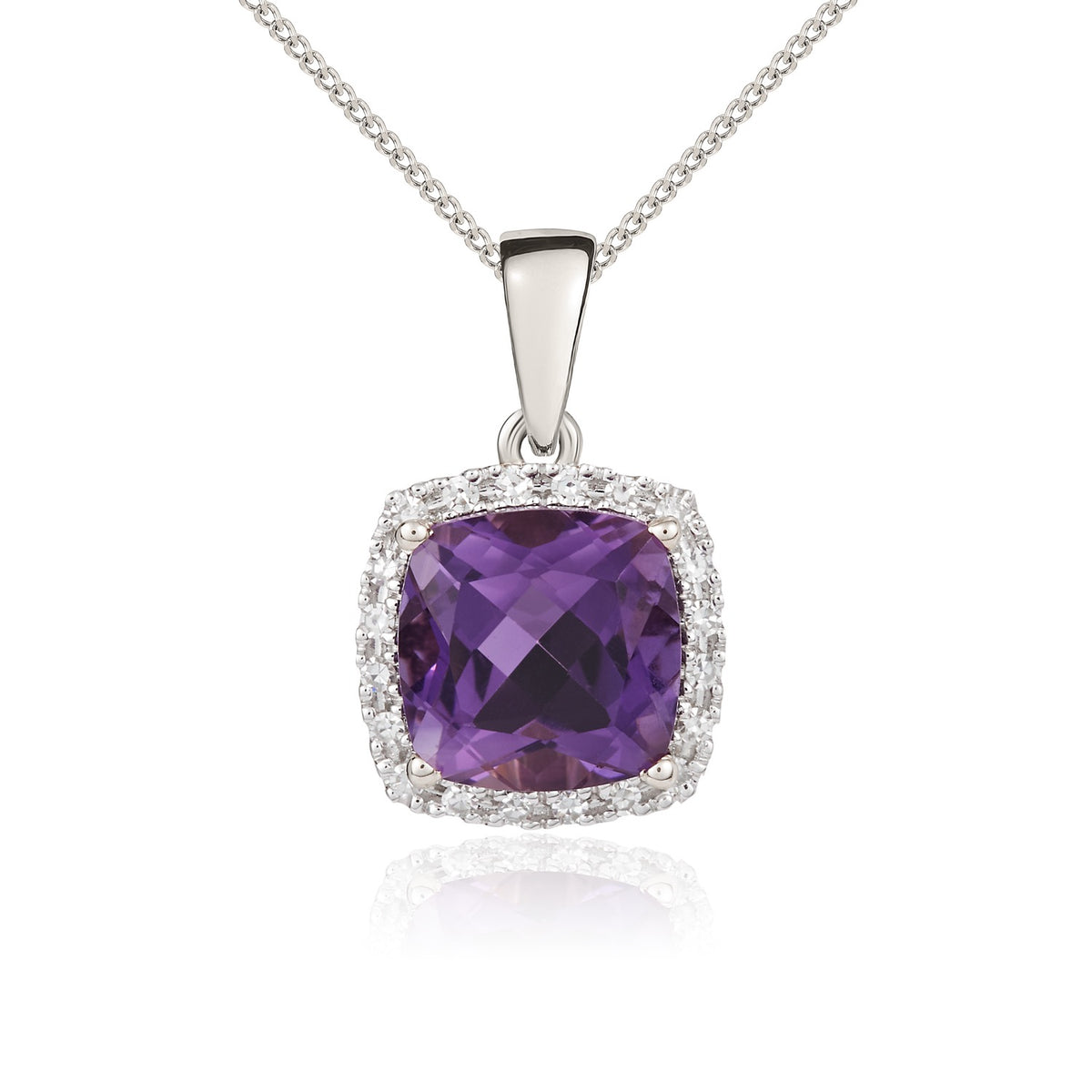 9CT WG 8MM CUSHION AMETHYST AND ROUND DIAMOND CLAW CLUSTER PENDANT