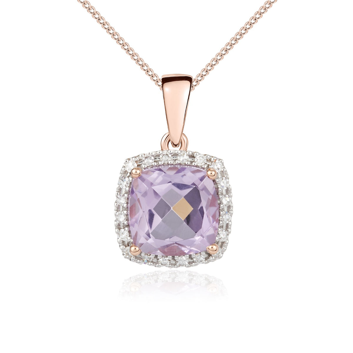 9CT ROSE GOLD 8MM CUSHION PINK AMETHYST AND DIAMOND CLAW CLUSTER PENDANT