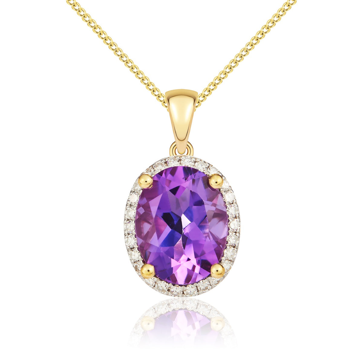 9CT YG 9X7 OVAL AMETHYST & DIAMOND CLAW SET CLUSTER PENDANT. RHODIUM TO DIAMONDS