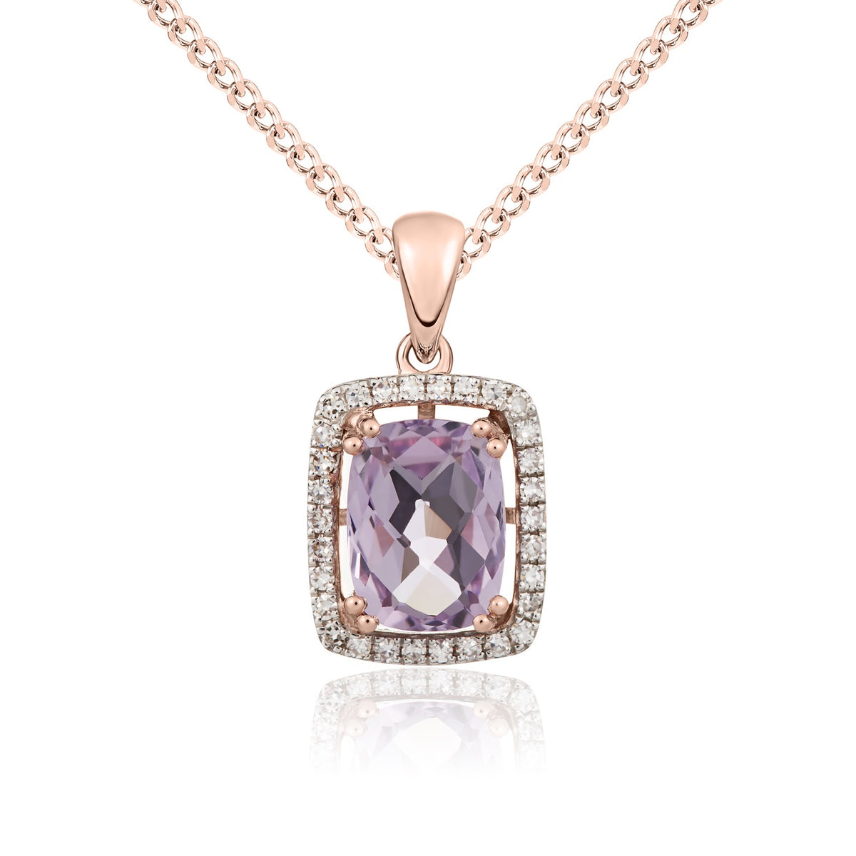 9CT RG 8X6 CHECKERBOARD CUSHION AMETHYST & DIAMOND CLUSTER PENDANT