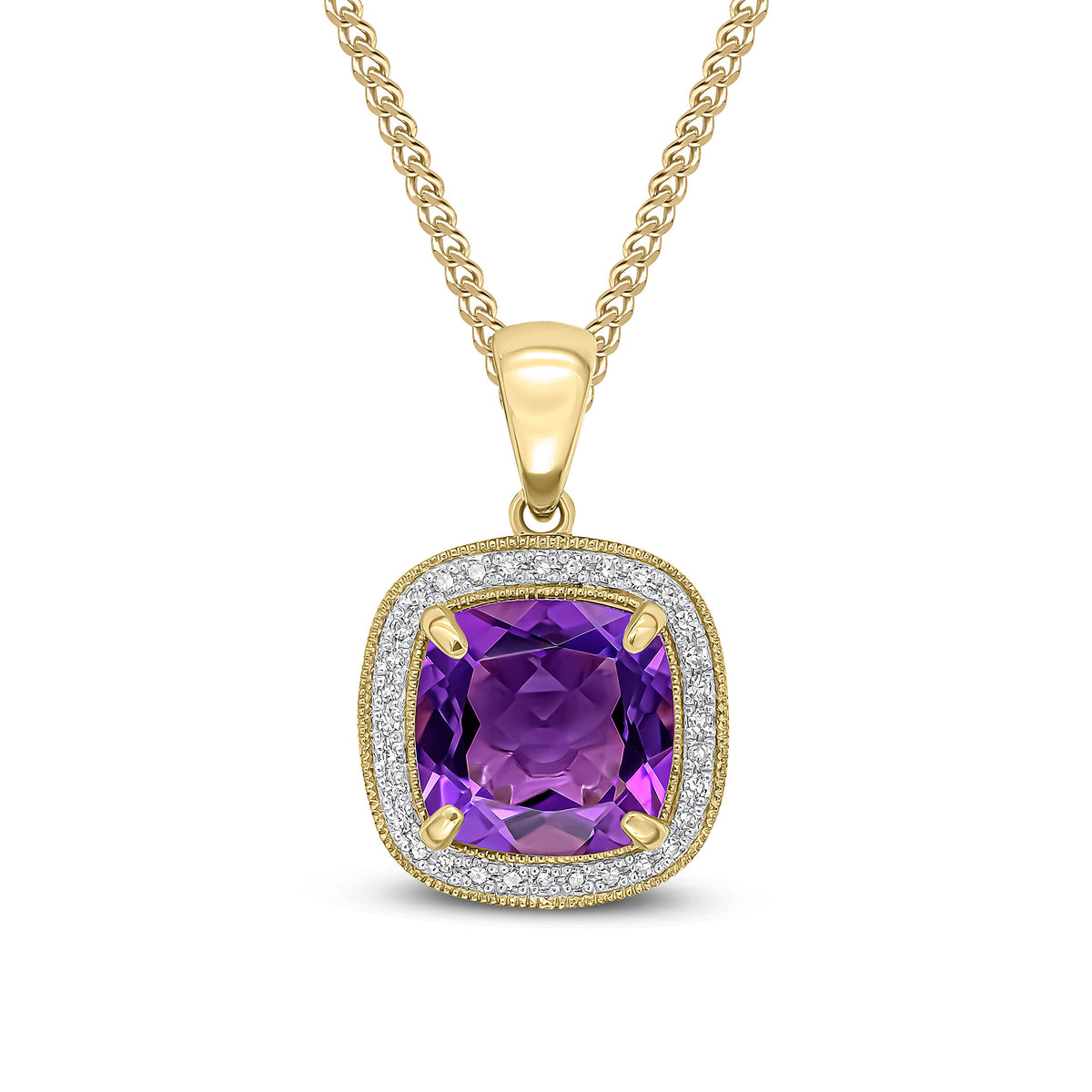 9CT YG 9MM CUSHION AMETHYST & DIAMOND CLUSTER PENDANT. MILLEGRAIN EDGE