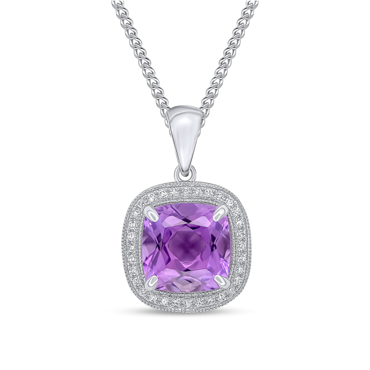 9CT WG 9MM CUSHION AMETHYST & DIAMOND CLUSTER PENDANT. MILLEGRAIN EDGE