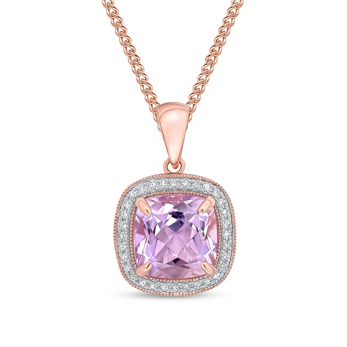 9CT RG 9MM CUSHION PINK AMETHYST & DIAMOND CLUSTER PENDANT. MILLEGRAIN EDGE