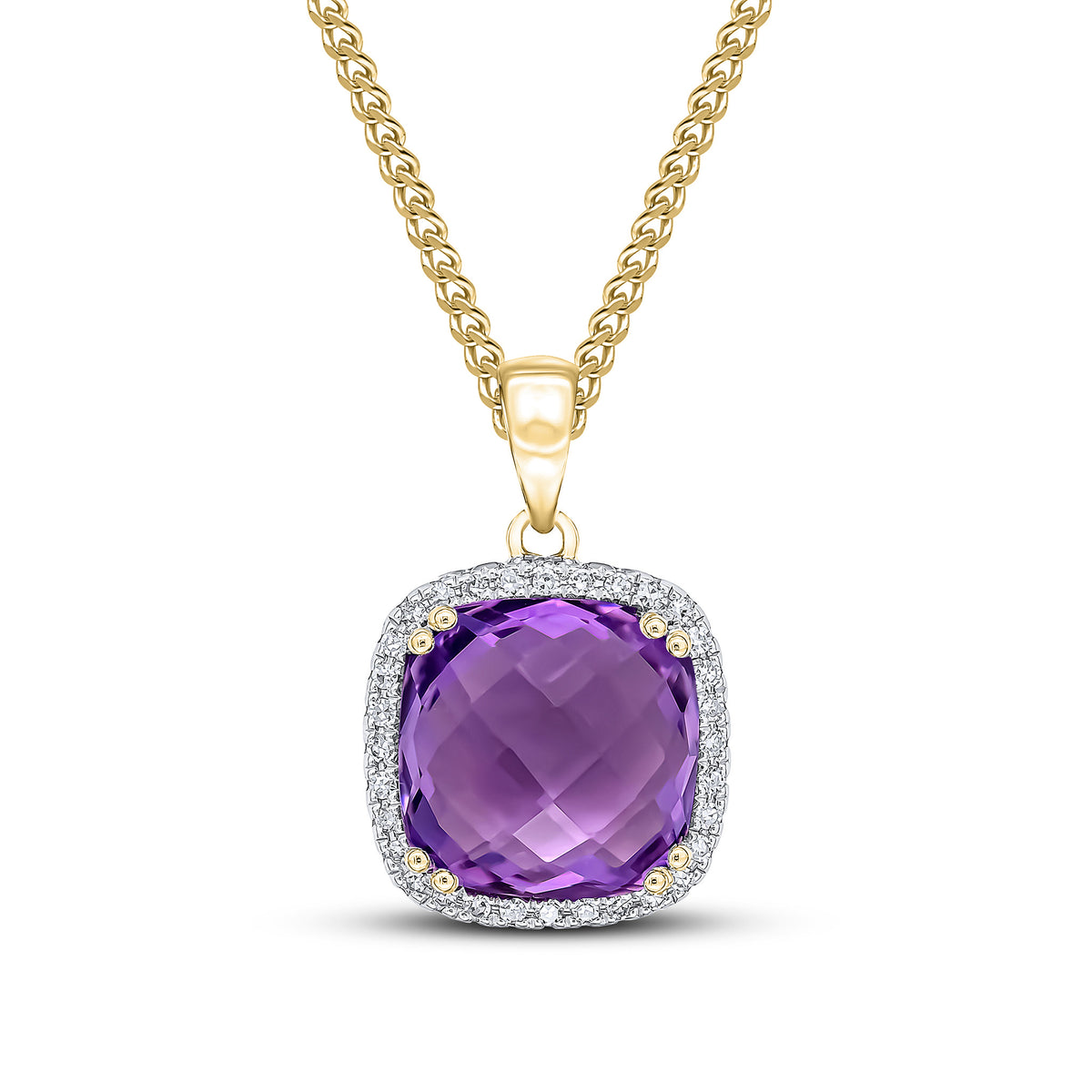 9CT YG 10MM CHECKEBOARD CUT CUSHION AMETHYST & DIAMOND CLAW SET CLUSTER PENDANT. RHODIUM TO DIAMONDS