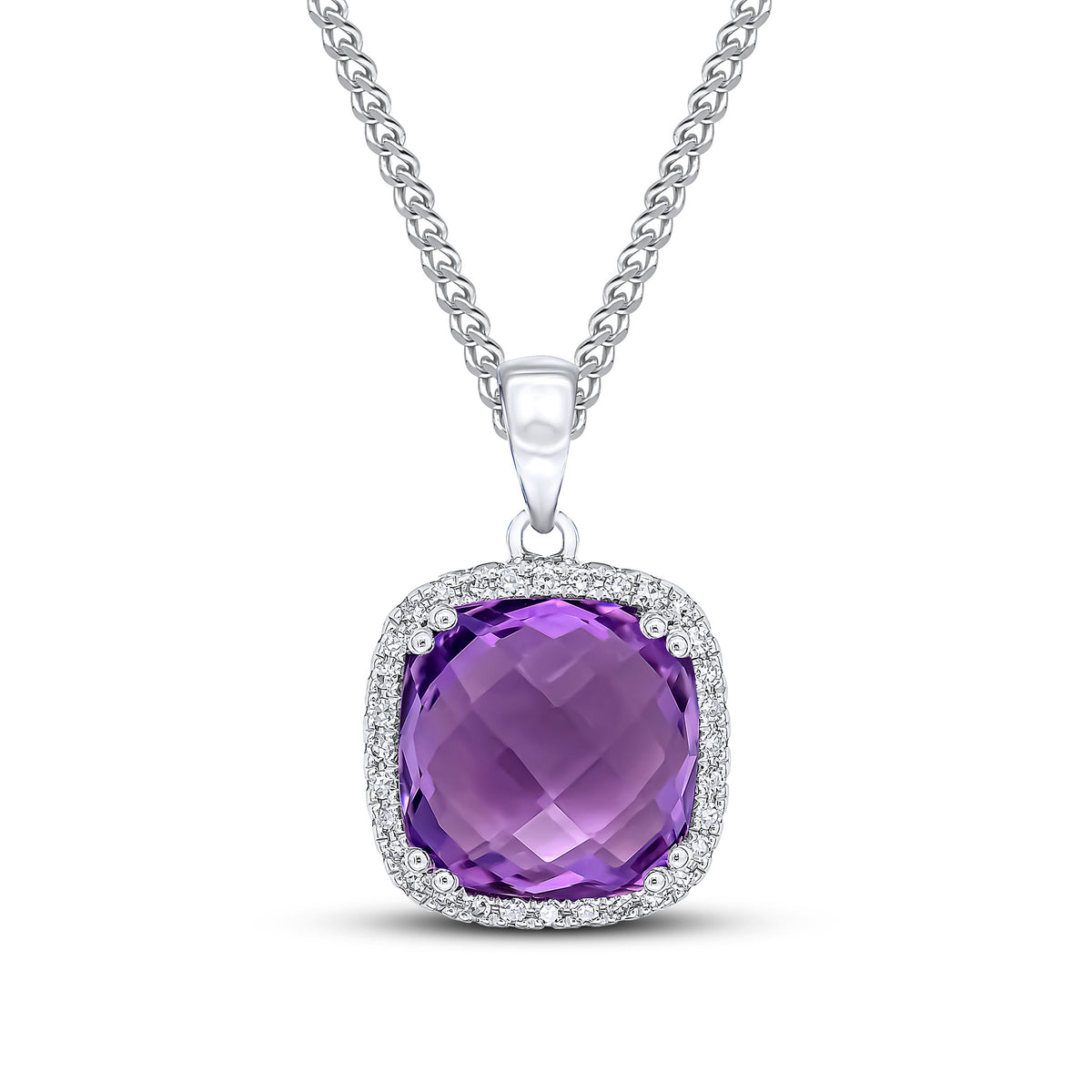 9CT WG 10MM CHECKEBOARD CUT CUSHION AMETHYST & DIAMOND CLAW SET CLUSTER PENDANT