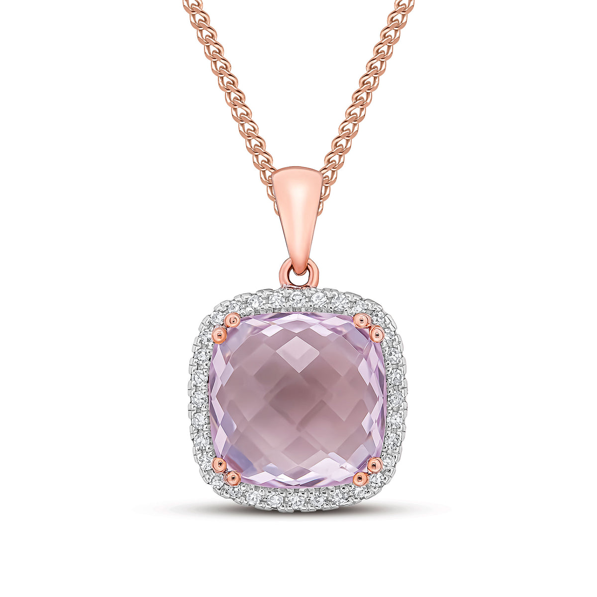 9CT RG 10MM CHECKEBOARD CUT CUSHION PINK AMETHYST & DIAMOND CLAW SET CLUSTER PENDANT. RHODIUM TO DIAMONDS