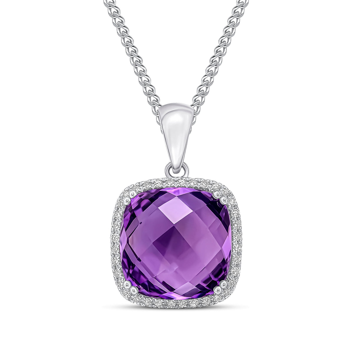 9CT WG 12MM CHECKERBOARD CUT CUSHION AMETHYST & DIAMOND CLUSTER PENDANT