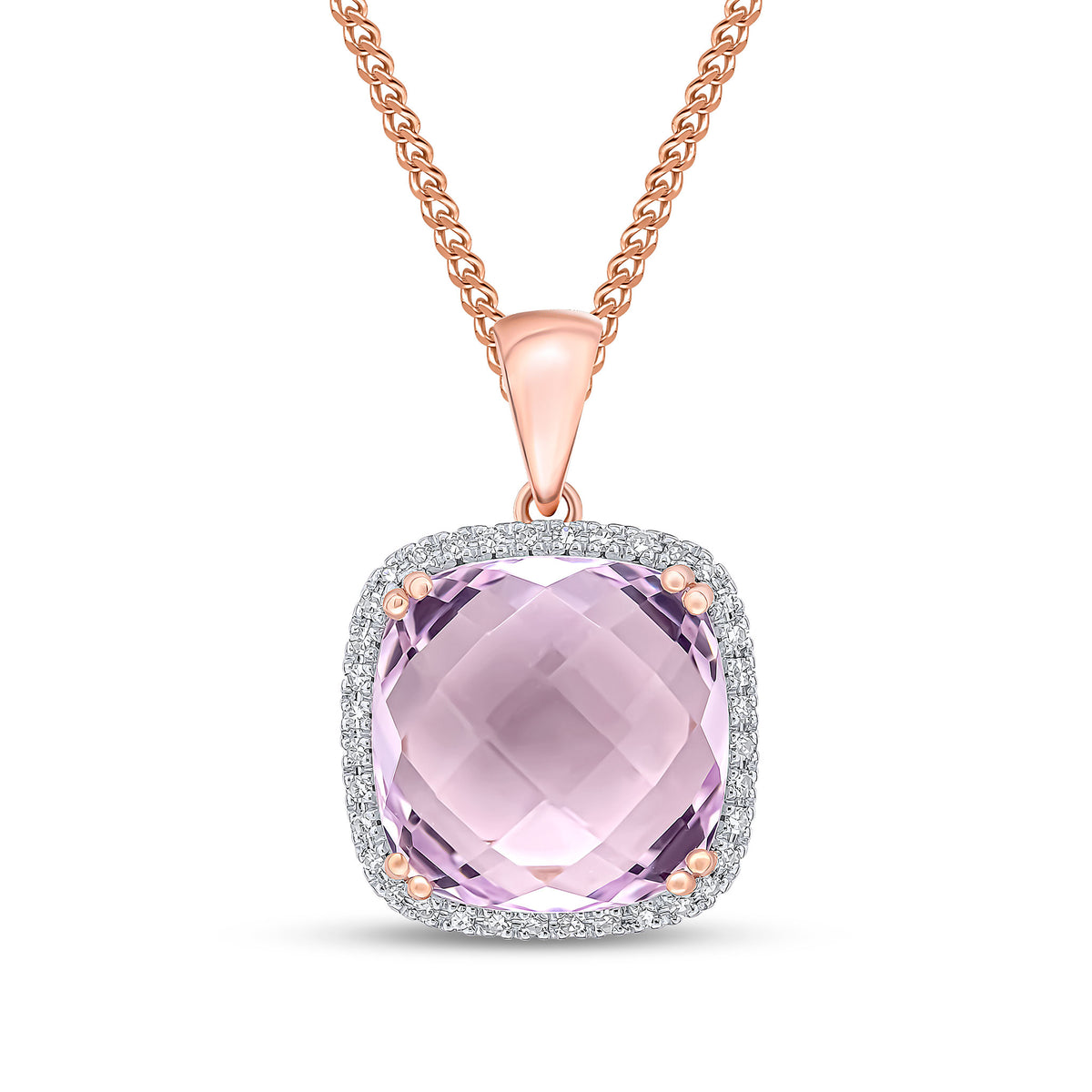 9CT RG 12MM CHECKERBOARD CUT CUSHION PINK AMETHYST & DIAMOND CLUSTER PENDANT. RHODIUM TO DIAMONDS