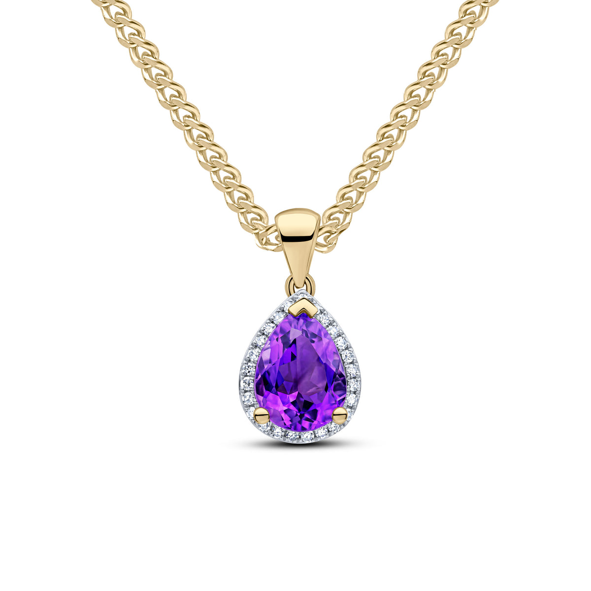 9CT YG 9X7 PEARSHAPE AMETHYST & DIAMOND CLUSTER PENDANT